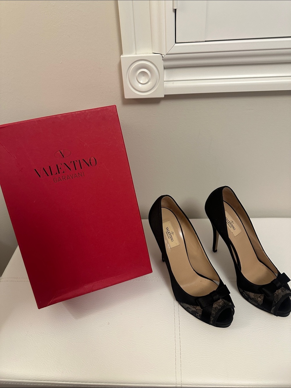 Valentino Black Lace Peep-Toe Stiletto Pumps